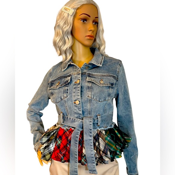 Akira NWT Size S Preppy Baby Girl Plaid Peplum Ruffled Denim Jacket (0486) - Picture 4 of 13